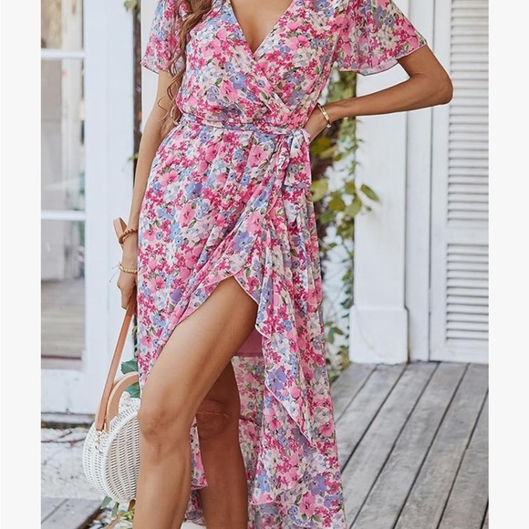 Boho Dress Wrap V Neck Short Sleeve Belted Ruffle Hem A-Line Flowy Maxi Dresses - Picture 2 of 5